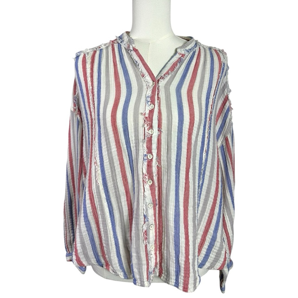 Free People Valley Double Gauze Cotton Striped Shirt Size XL Beach Coastal - Picture 5 of 11